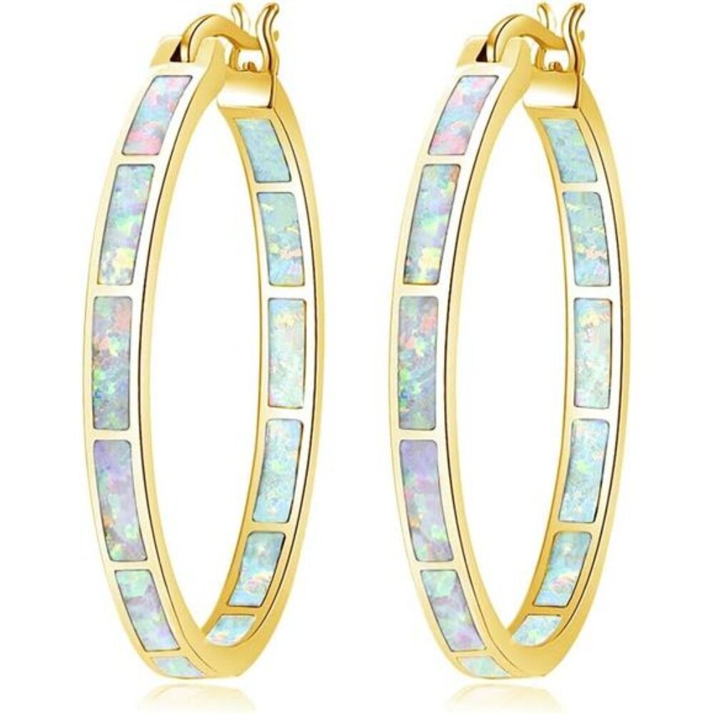 White Opal Hoop Earrings Gold Plated 32mm Gemstone Hoop Jewelry Gift for Women